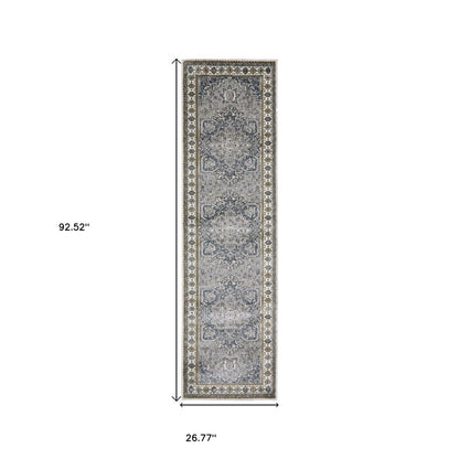 8' Brown And Blue Medallion Runner Rug