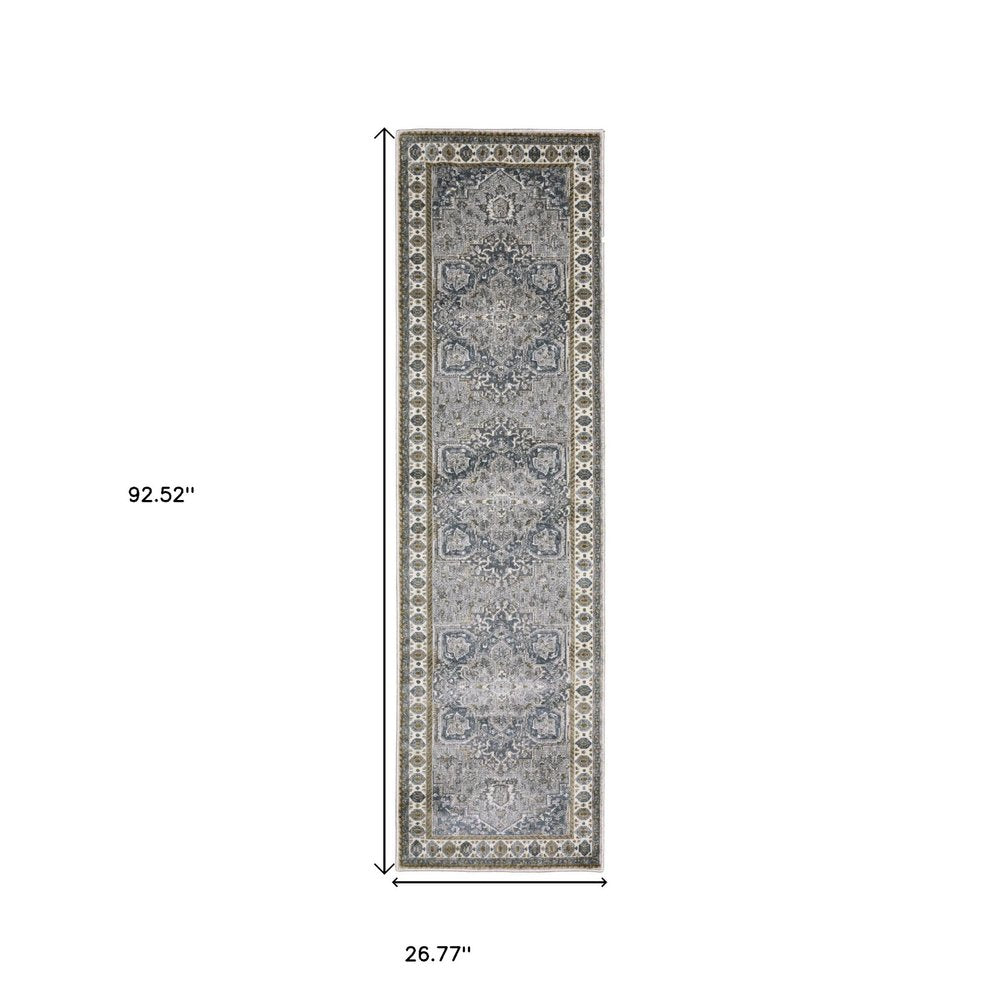 8' Brown And Blue Medallion Runner Rug