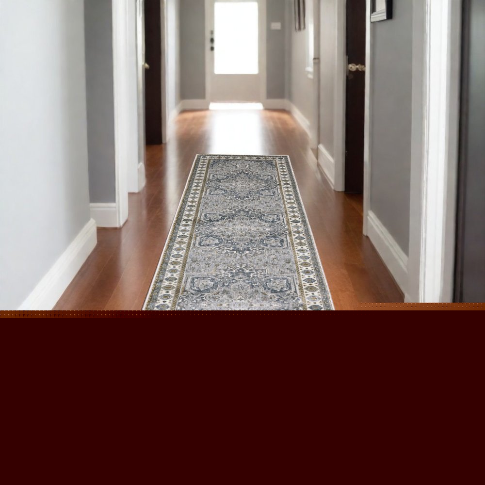 8' Brown And Blue Medallion Runner Rug