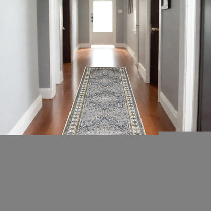 8' Brown And Blue Medallion Runner Rug