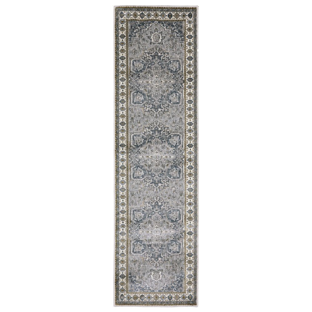 8' Brown And Blue Medallion Runner Rug