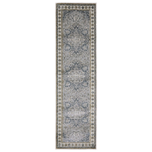8' Brown And Blue Medallion Runner Rug