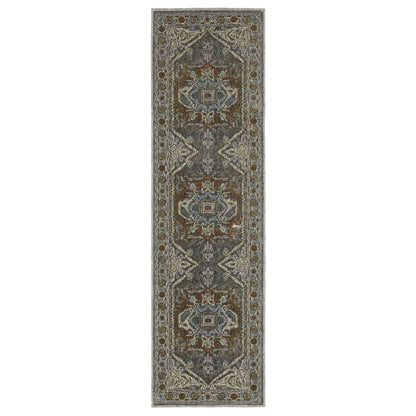 8' Blue Ivory And Brown Medallion Runner Rug