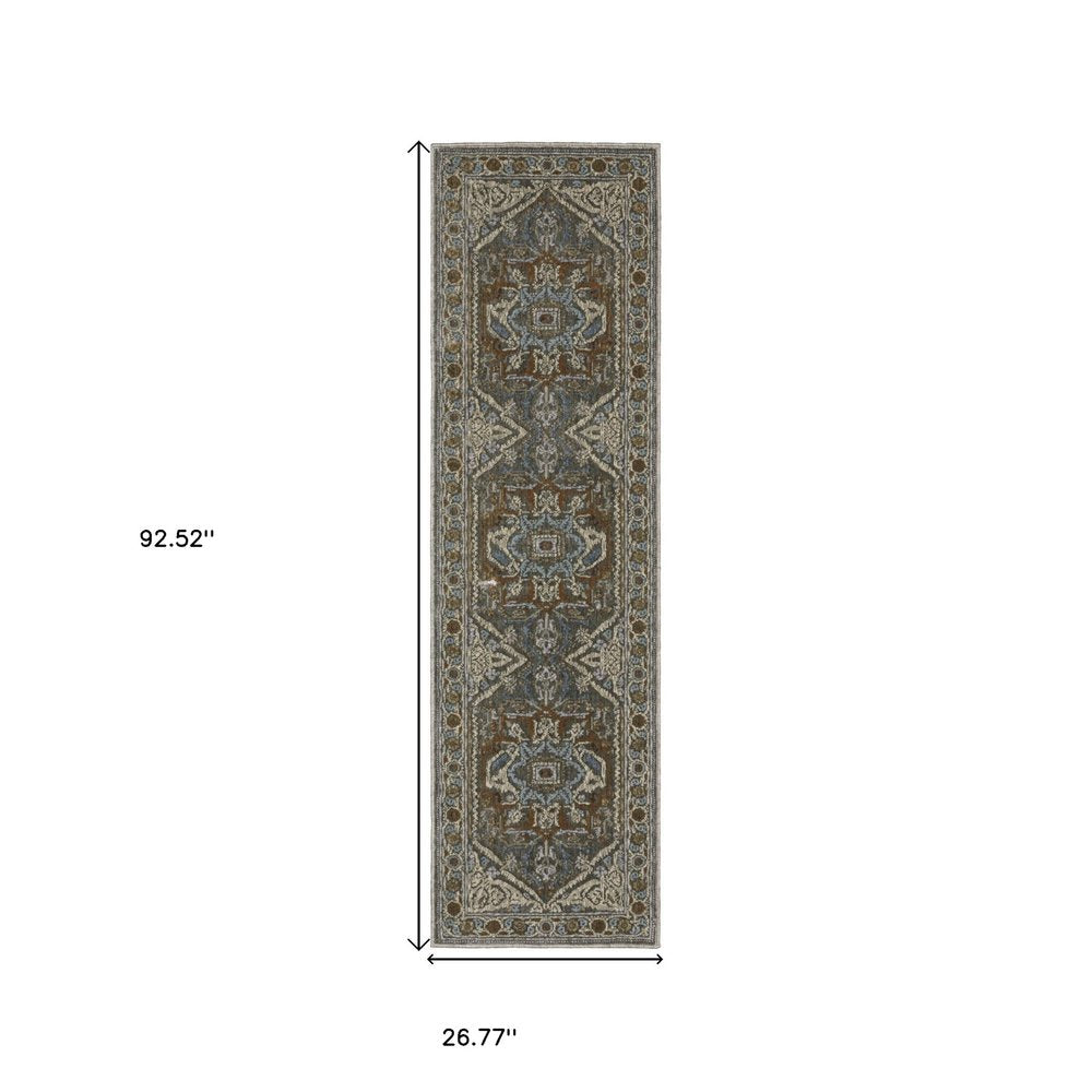 8' Blue Ivory And Brown Medallion Runner Rug