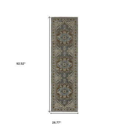 8' Blue Ivory And Brown Medallion Runner Rug
