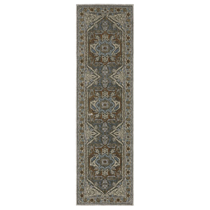 8' Blue Ivory And Brown Medallion Runner Rug