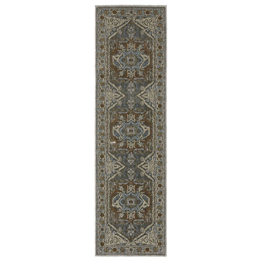 8' Blue Ivory And Brown Medallion Runner Rug
