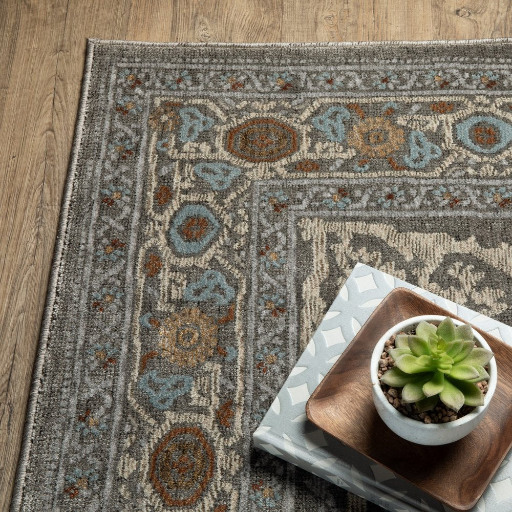 8' Blue Ivory And Brown Medallion Runner Rug