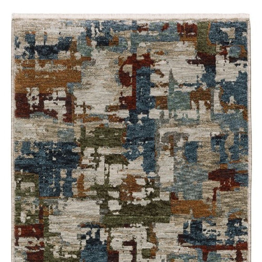 8' Beige Teal And Brown Abstract Runner Rug With Fringe