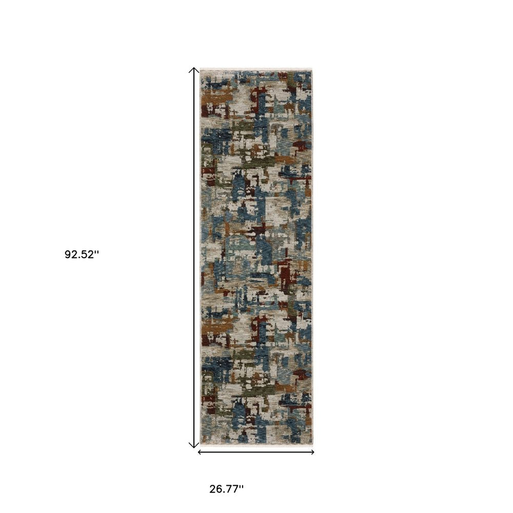 8' Beige Teal And Brown Abstract Runner Rug With Fringe