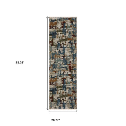 8' Beige Teal And Brown Abstract Runner Rug With Fringe