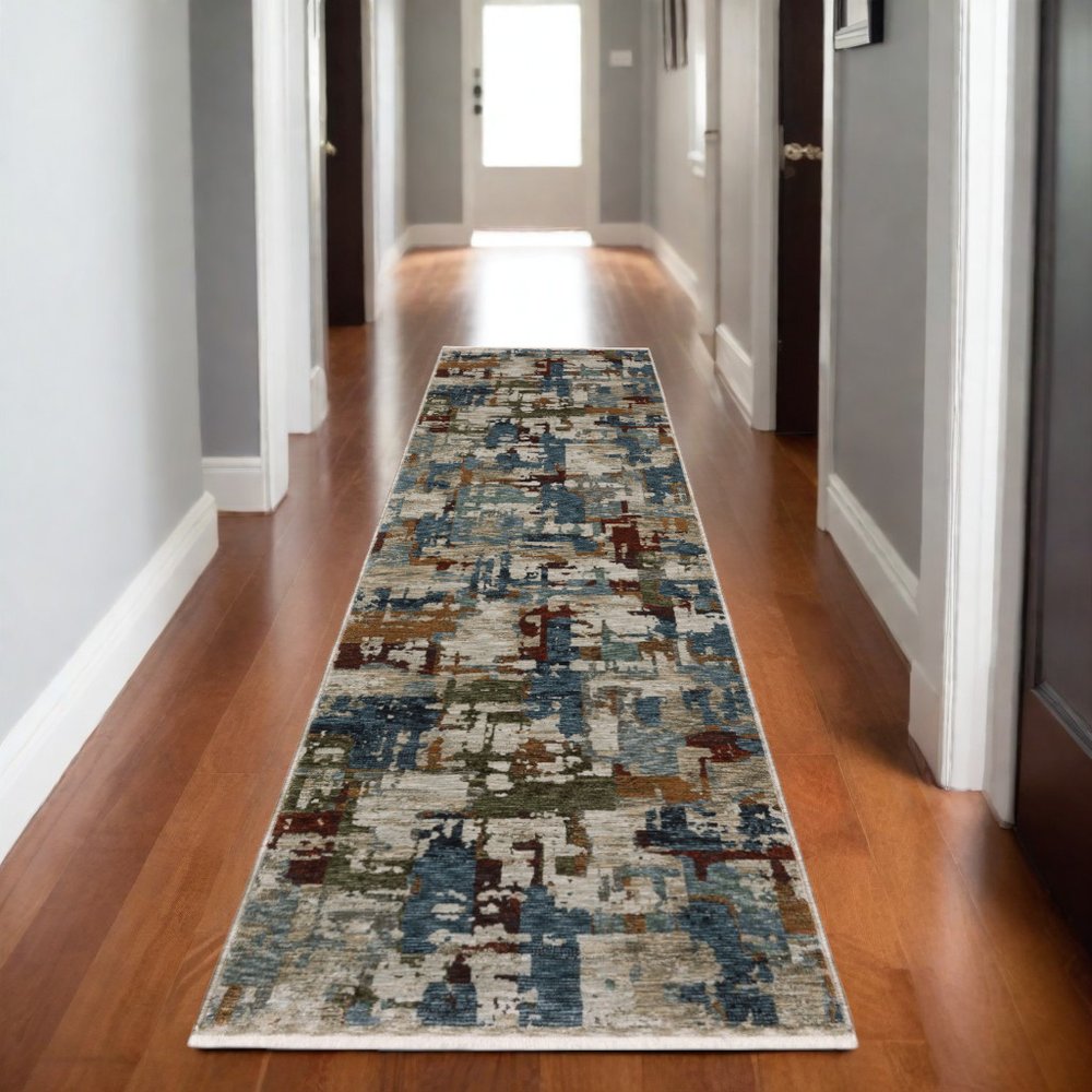 8' Beige Teal And Brown Abstract Runner Rug With Fringe