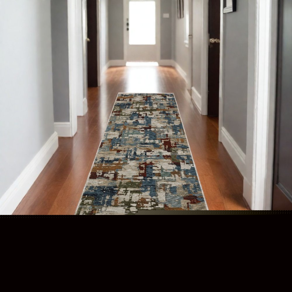 8' Beige Teal And Brown Abstract Runner Rug With Fringe