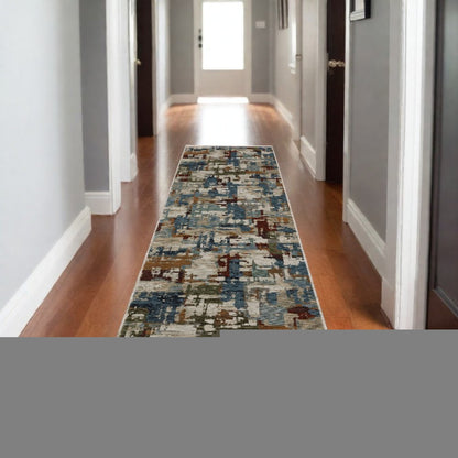 8' Beige Teal And Brown Abstract Runner Rug With Fringe