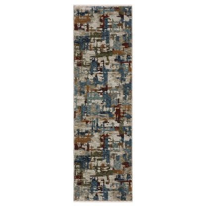 8' Beige Teal And Brown Abstract Runner Rug With Fringe