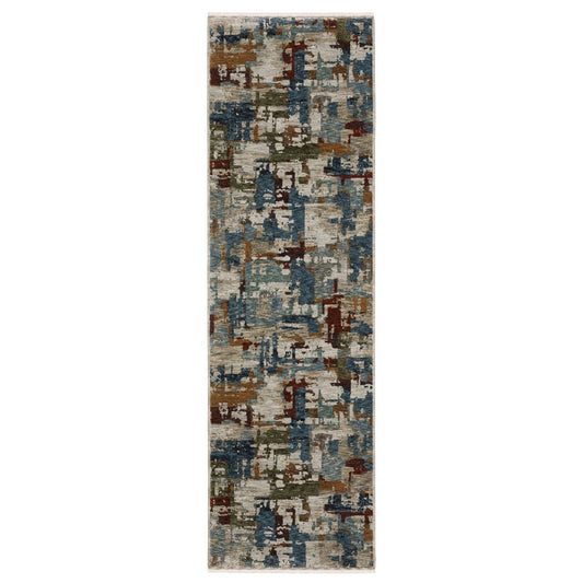 8' Beige Teal And Brown Abstract Runner Rug With Fringe