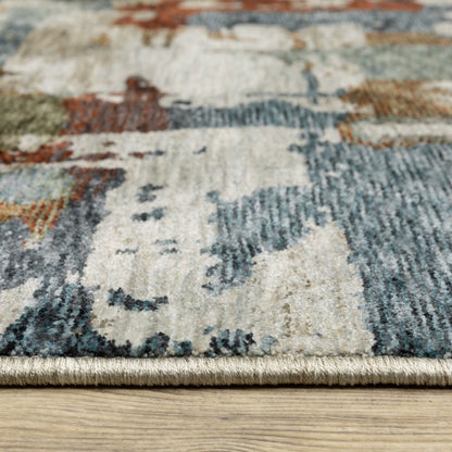 8' Beige Teal And Brown Abstract Runner Rug With Fringe