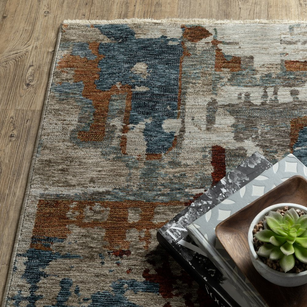 8' Beige Teal And Brown Abstract Runner Rug With Fringe