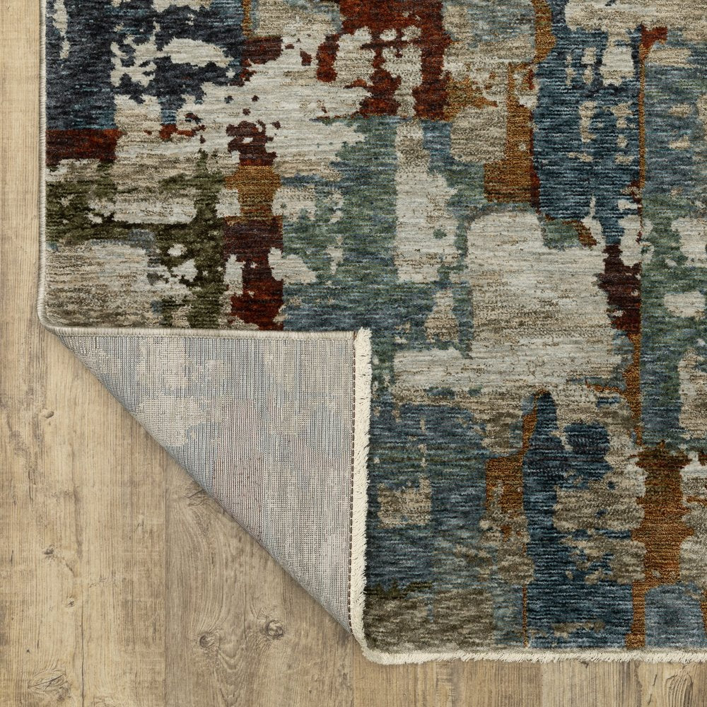 8' Beige Teal And Brown Abstract Runner Rug With Fringe