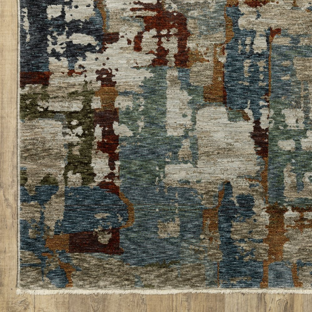 8' Beige Teal And Brown Abstract Runner Rug With Fringe