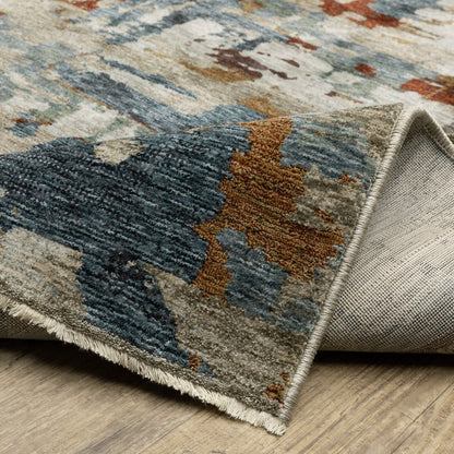 8' Beige Teal And Brown Abstract Runner Rug With Fringe