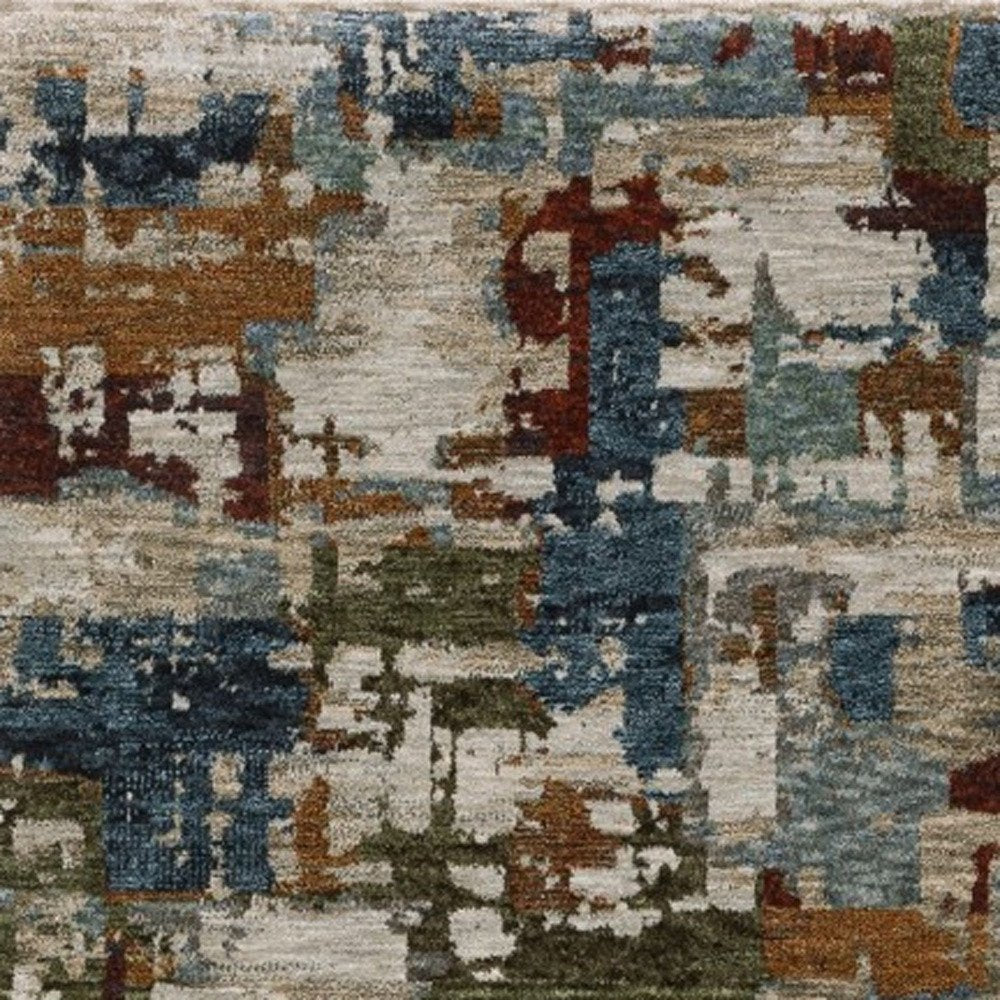 8' Beige Teal And Brown Abstract Runner Rug With Fringe