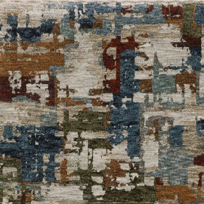 8' Beige Teal And Brown Abstract Runner Rug With Fringe