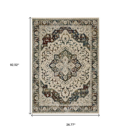 8' Beige Rust And Blue Medallion Runner Rug With Fringe