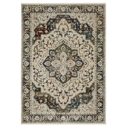 8' Beige Rust And Blue Medallion Runner Rug With Fringe