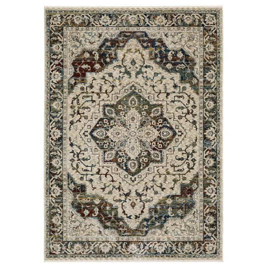 8' Beige Rust And Blue Medallion Runner Rug With Fringe