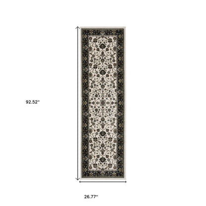 8' Ivory Oriental Runner Rug With Fringe