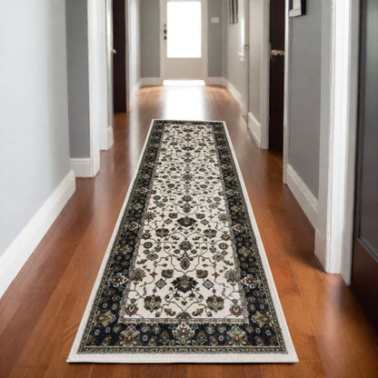 8' Ivory Oriental Runner Rug With Fringe