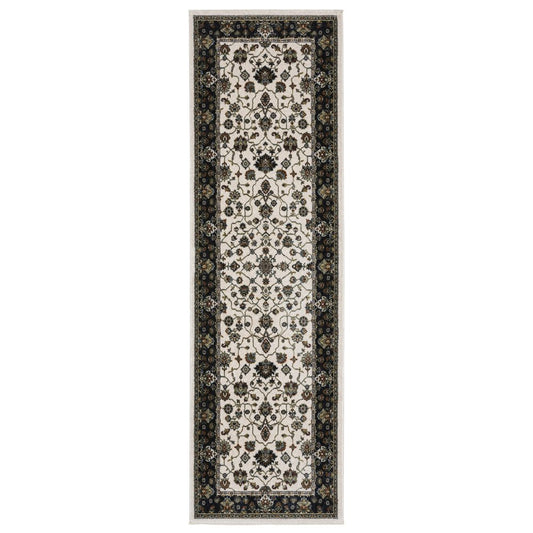 8' Ivory Oriental Runner Rug With Fringe