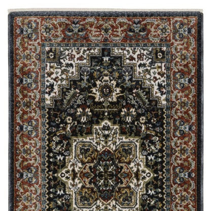 8' Navy Blue Black And White Medallion Runner Rug With Fringe