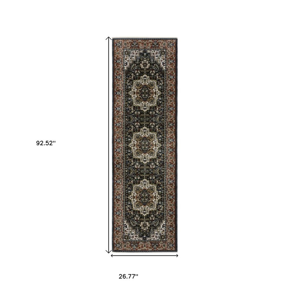 8' Navy Blue Black And White Medallion Runner Rug With Fringe
