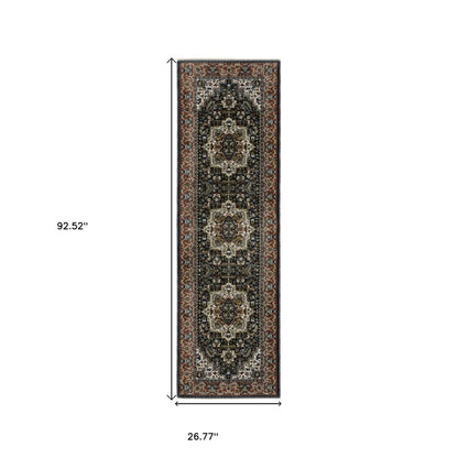 8' Navy Blue Black And White Medallion Runner Rug With Fringe