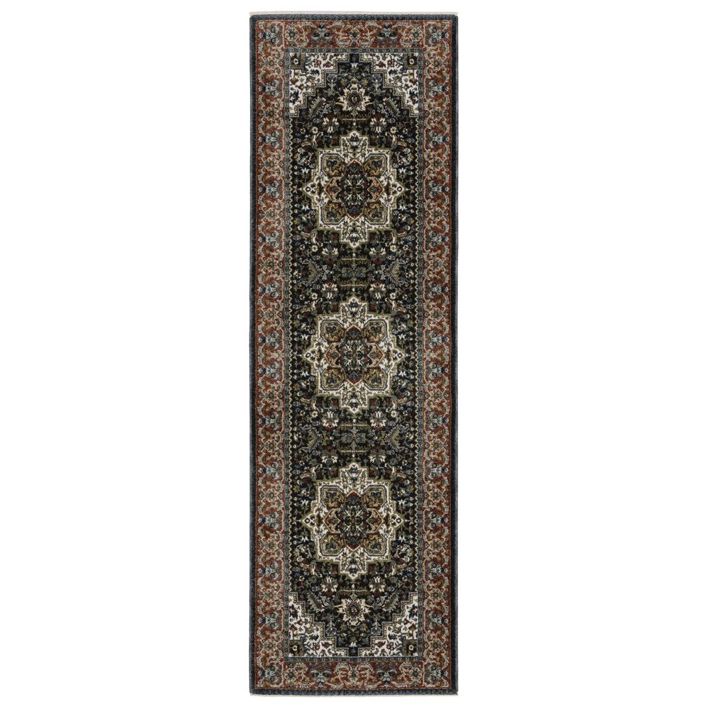 8' Navy Blue Black And White Medallion Runner Rug With Fringe