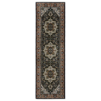 8' Navy Blue Black And White Medallion Runner Rug With Fringe