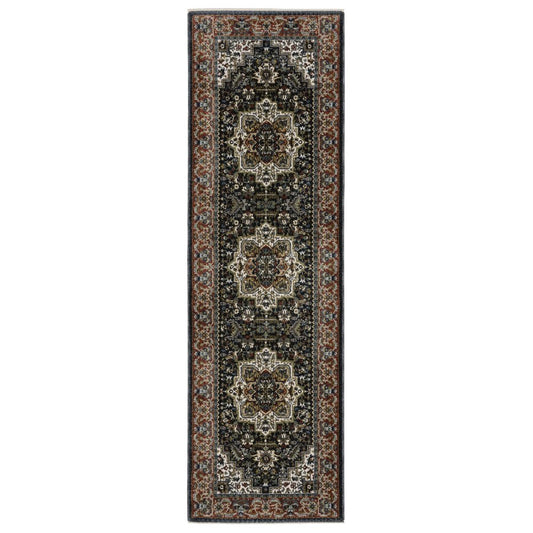 8' Navy Blue Black And White Medallion Runner Rug With Fringe