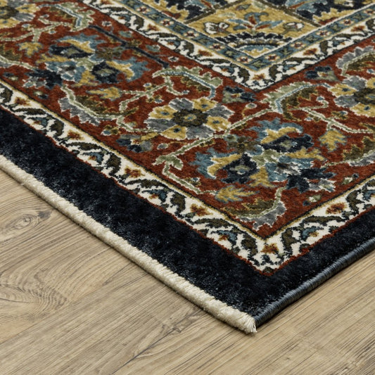 8' Navy Blue Black And White Medallion Runner Rug With Fringe