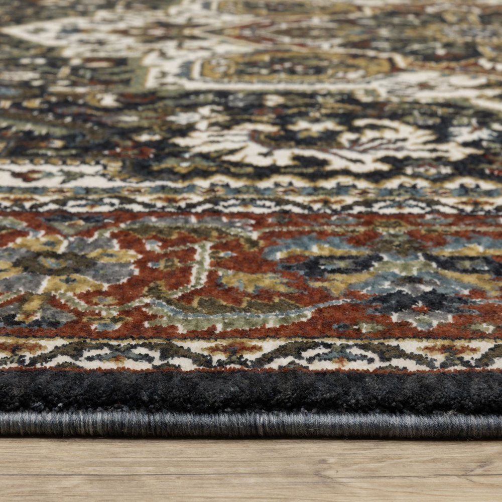 8' Navy Blue Black And White Medallion Runner Rug With Fringe