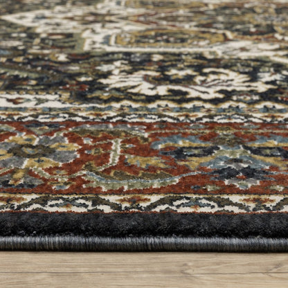 8' Navy Blue Black And White Medallion Runner Rug With Fringe