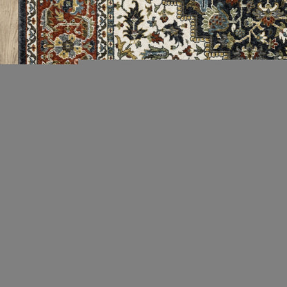 8' Navy Blue Black And White Medallion Runner Rug With Fringe