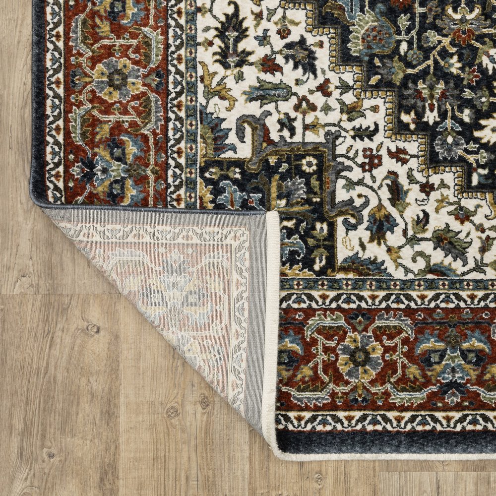 8' Navy Blue Black And White Medallion Runner Rug With Fringe