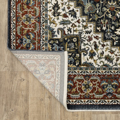 8' Navy Blue Black And White Medallion Runner Rug With Fringe
