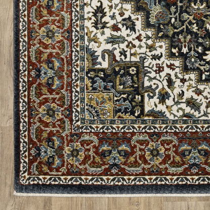 8' Navy Blue Black And White Medallion Runner Rug With Fringe