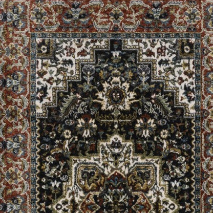 8' Navy Blue Black And White Medallion Runner Rug With Fringe