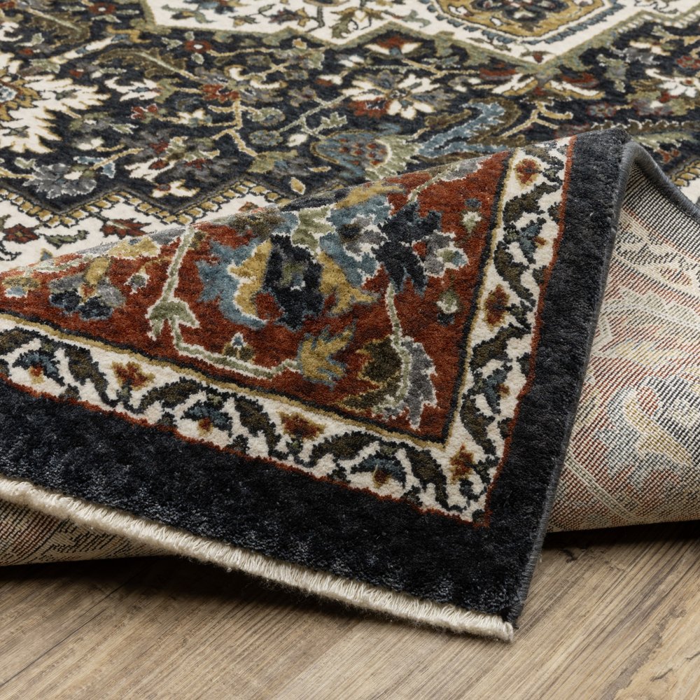 8' Navy Blue Black And White Medallion Runner Rug With Fringe