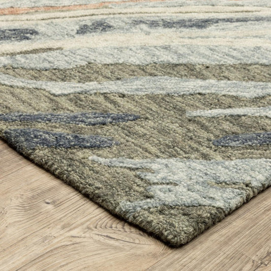 8' Gray And Blue Wool Abstract Hand Tufted Runner Rug