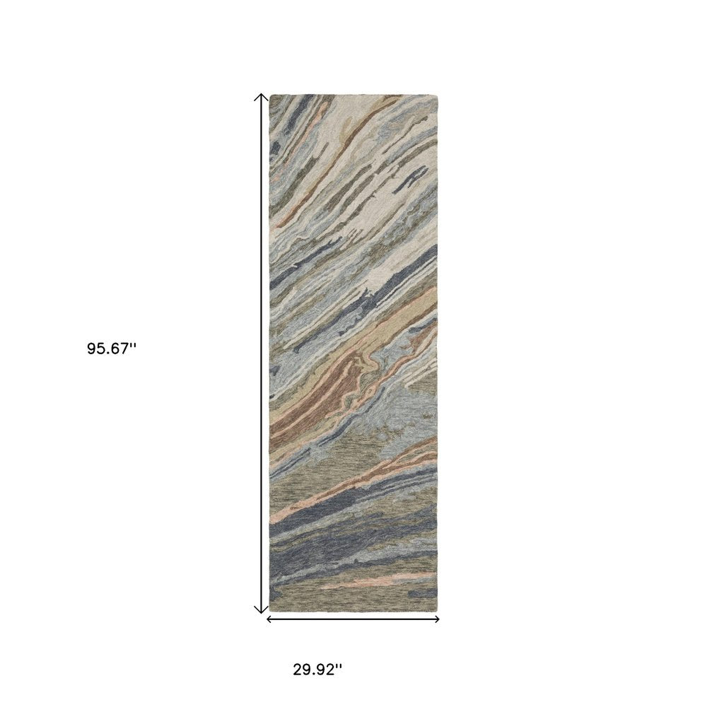 8' Gray And Blue Wool Abstract Hand Tufted Runner Rug